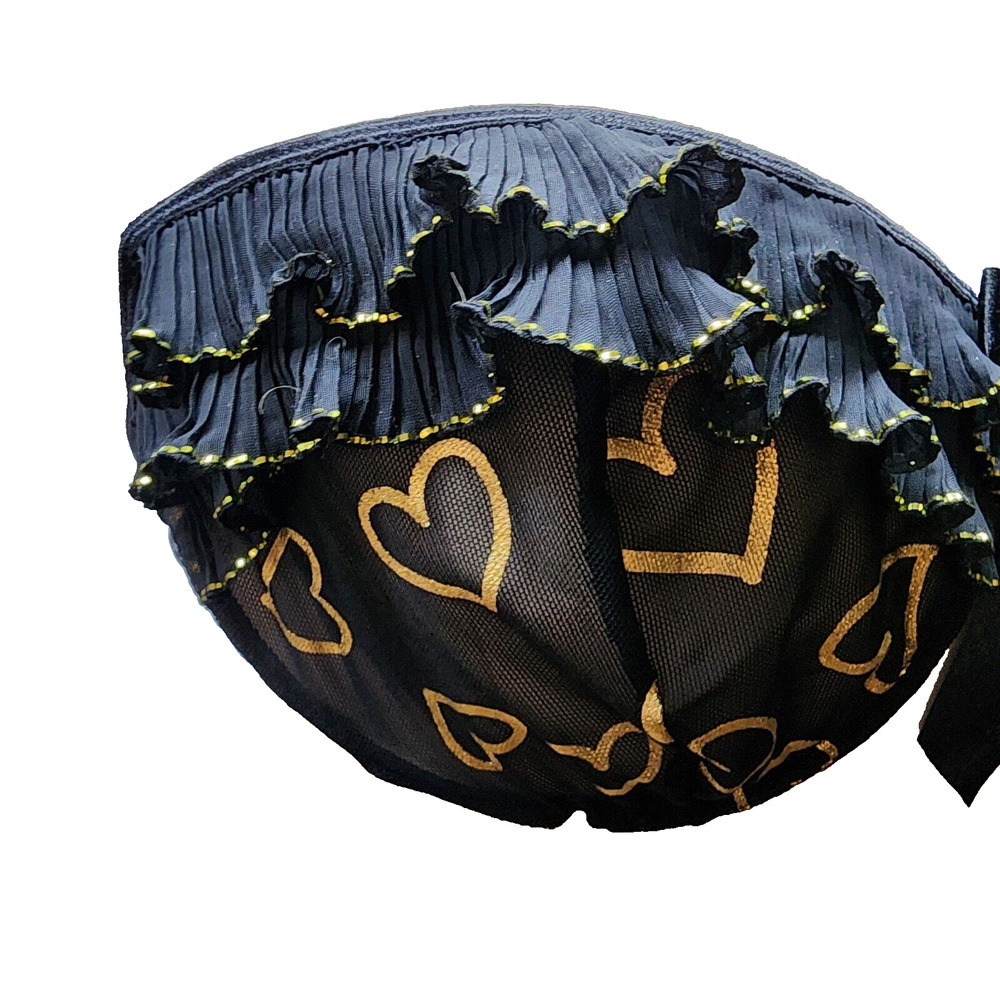 DreamGirl Bra XL Black Sheer Lingerie Metallic Gold Hearts Ruffle Trim Bow Sexy - Picture 4 of 10